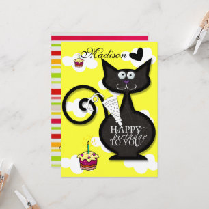 Black Cat Meow Happy Birthday Invitation