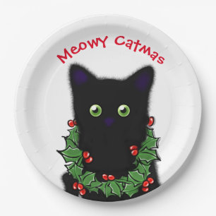 Black cat Meowy Catmas Holly berries Christmas Paper Plate