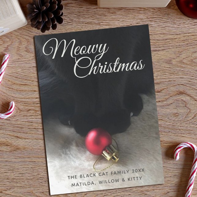 Black Cat Meowy Christmas Holiday Card (Purrfect holiday card to send from your black cat (and the rest of their family) Just add your name)