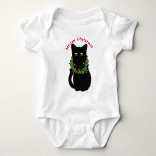 Black cat   Meowy Christmas   Holly garland Baby Bodysuit