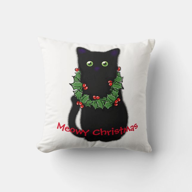 Black cat | Meowy Christmas | Holly garland   Cushion (Front)
