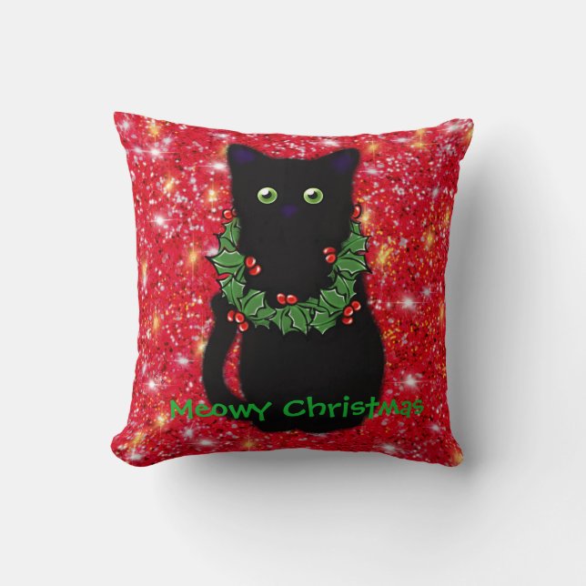 Black cat | Meowy Christmas | Holly garland  Cushion (Front)