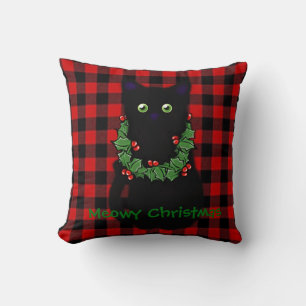 Black cat   Meowy Christmas   Holly garland  Cushion
