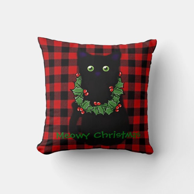 Black cat | Meowy Christmas | Holly garland  Cushion (Front)