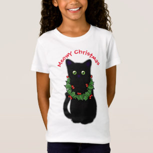 Black cat Meowy Christmas Holly garland T-Shirt