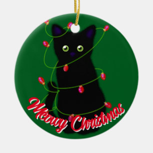 Black cat Meowy Christmas red twinkle lights Ceramic Tree Decoration