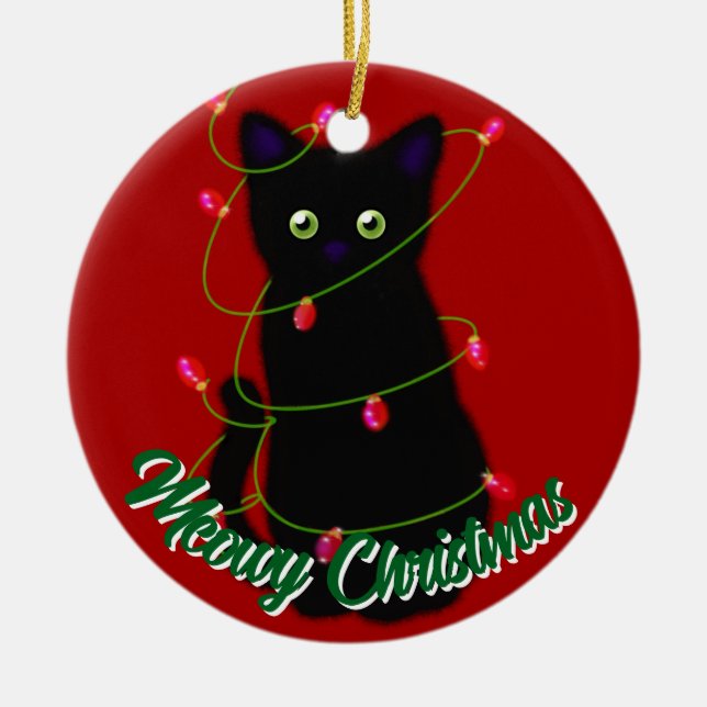 Black cat Meowy Christmas red twinkle lights  Ceramic Tree Decoration (Front)