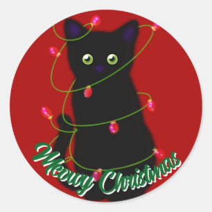 Black cat Meowy Christmas red twinkle lights  Classic Round Sticker