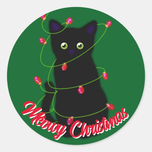 Black cat Meowy Christmas red twinkle lights  Classic Round Sticker (Front)