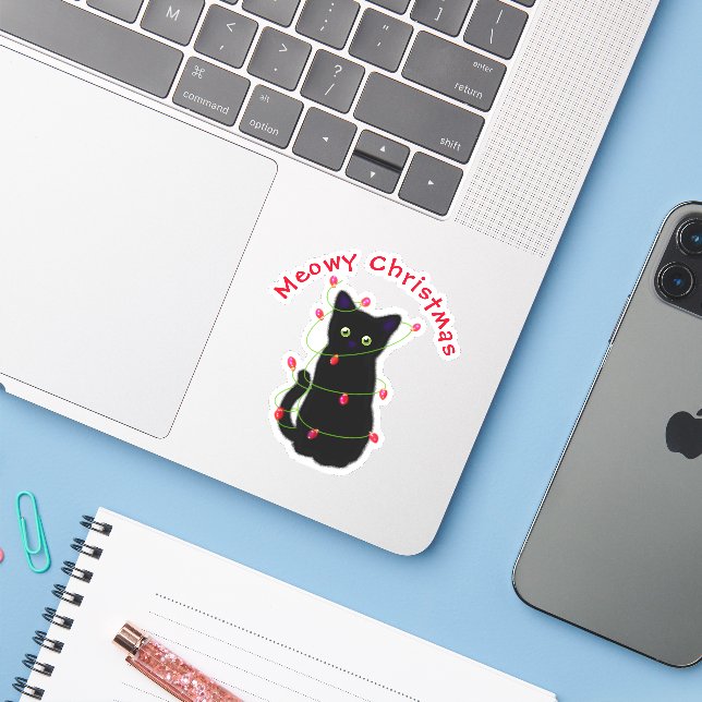 Black cat | Meowy Christmas |  twinkle lights     (Laptop w/ iPhone)