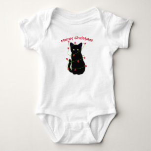 Black cat   Meowy Christmas   twinkle lights  Baby Bodysuit