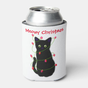 Black cat Meowy Christmas twinkle lights Can Cooler