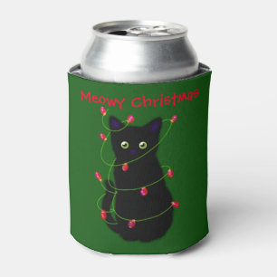 Black cat Meowy Christmas twinkle lights Can Cooler
