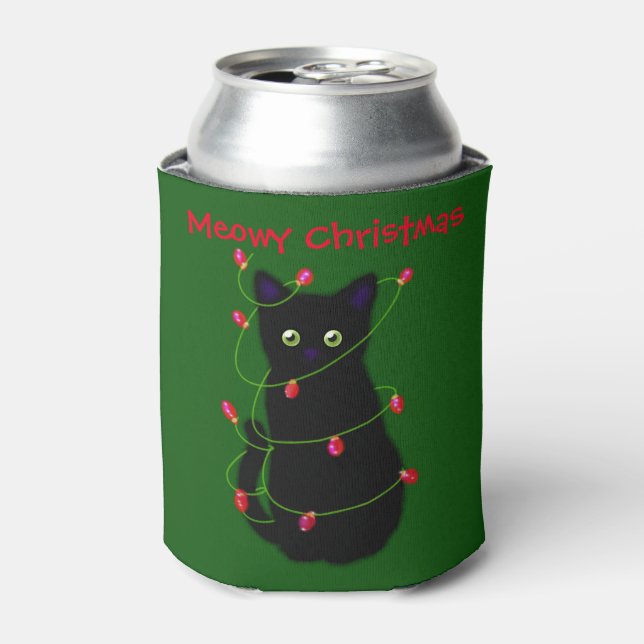 Black cat | Meowy Christmas |  twinkle lights      Can Cooler (Can Front)