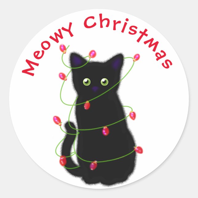 Black cat | Meowy Christmas |  twinkle lights     Classic Round Sticker (Front)
