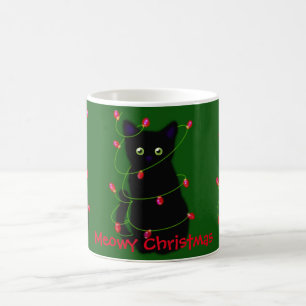 Black cat   Meowy Christmas    twinkle lights      Coffee Mug