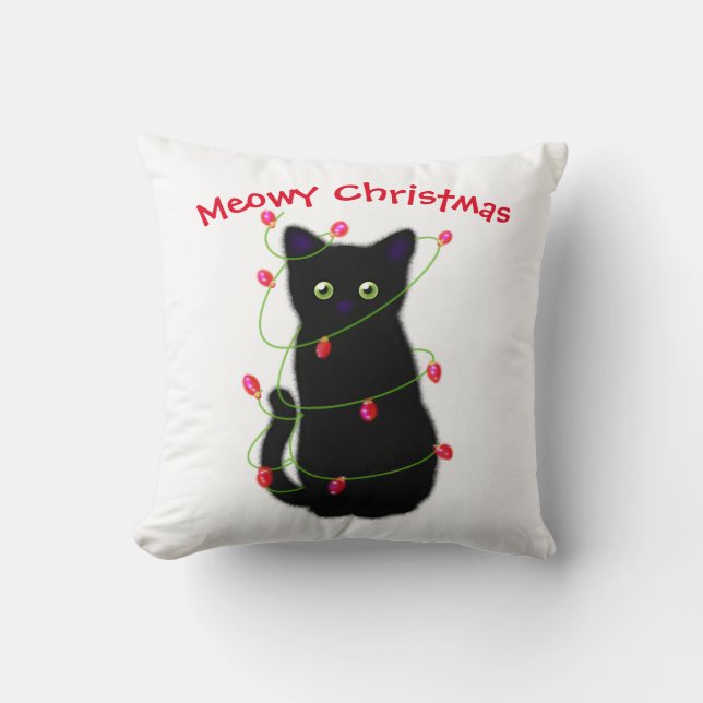 Black cat | Meowy Christmas | twinkle lights   Cushion (Front)