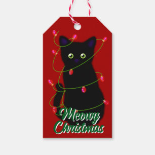 Black cat Meowy Christmas twinkle lights  Gift Tags