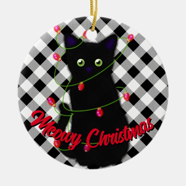 Black cat Meowy Christmas twinkle lights gingham  Ceramic Tree Decoration (Front)