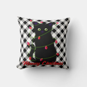 Black cat Meowy Christmas twinkle lights gingham  Cushion