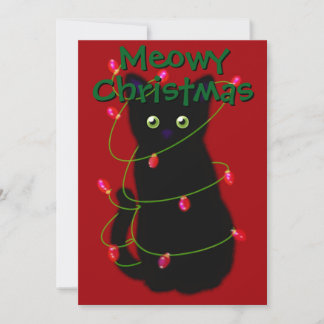 Black cat Meowy Christmas twinkle lights gingham  Holiday Card