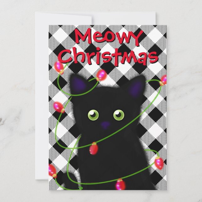 Black cat Meowy Christmas twinkle lights gingham  Holiday Card (Front)