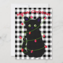 Black cat Meowy Christmas twinkle lights gingham