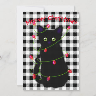 Black cat Meowy Christmas twinkle lights gingham Holiday Card