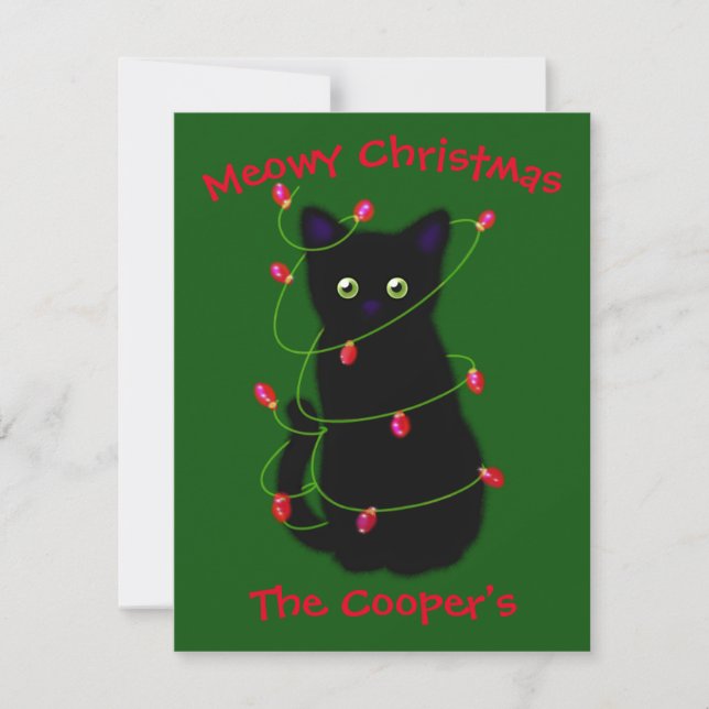 Black cat | Meowy Christmas |  twinkle lights    N Card (Front)