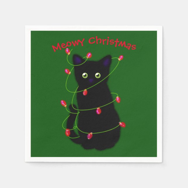 Black cat | Meowy Christmas |  twinkle lights      Napkin (Front)