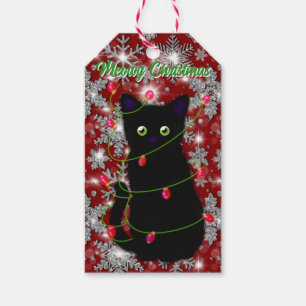 Black cat Meowy Christmas twinkle lights snowflake Gift Tags
