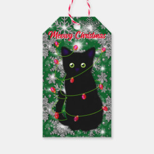 Black cat Meowy Christmas twinkle lights snowflake Gift Tags