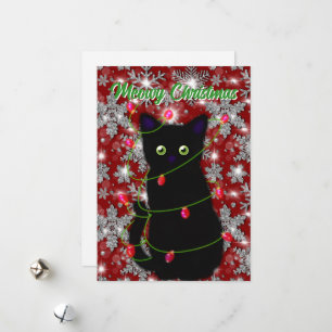 Black cat Meowy Christmas twinkle lights snowflake Holiday Card