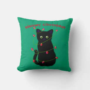 Black cat   Meowy Christmas   twinkle lights   Thr Cushion
