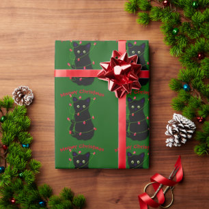 Black cat Meowy Christmas twinkle lights Wra Wrapping Paper