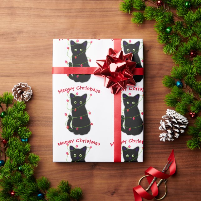 Black cat | Meowy Christmas |  twinkle lights  Wrapping Paper (Holiday Gift)