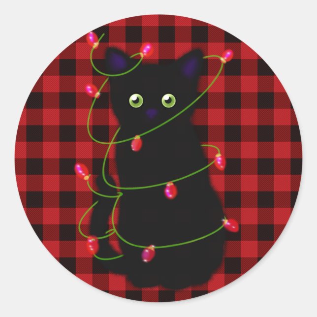 Black cat | Meowy Christmas | twinkle star light   Classic Round Sticker (Front)