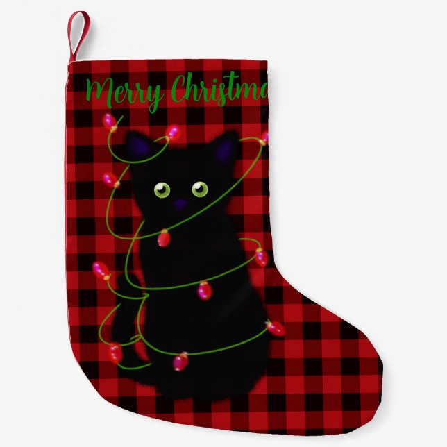 Black cat | Meowy Christmas | twinkle star light  Small Christmas Stocking (Front)