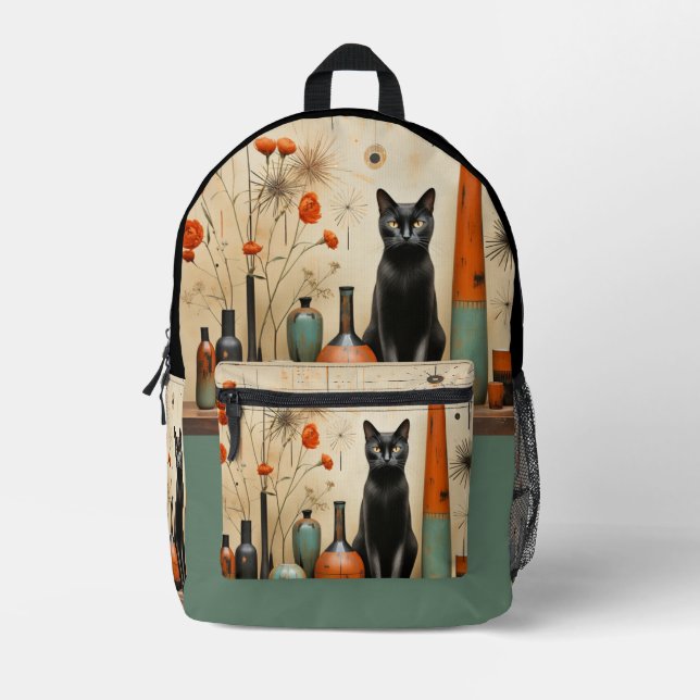 Black Cat Mid Century Mod Turquoise Black Orange Printed Backpack (Front)