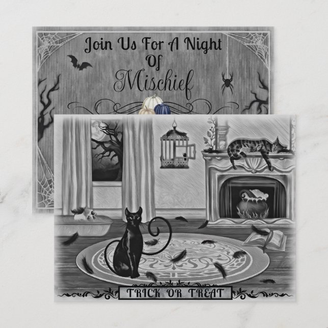 Black Cat, Missing Bird, Mischief Halloween Party  Invitation (Front/Back)