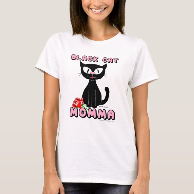 BLACK CAT MOMMA Smiling Cartoon Cat with Red Rose T-Shirt (Front)