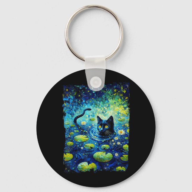 Black Cat Monets Cat Waterlily Key Ring (Front)