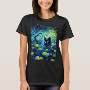 Black Cat Monets Cat Waterlily T-Shirt
