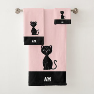 Black Cat & Monogram on Black & Pink Bath Towel Set
