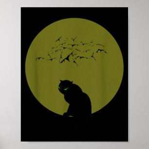 Black Cat Moon Bats Halloween Poster