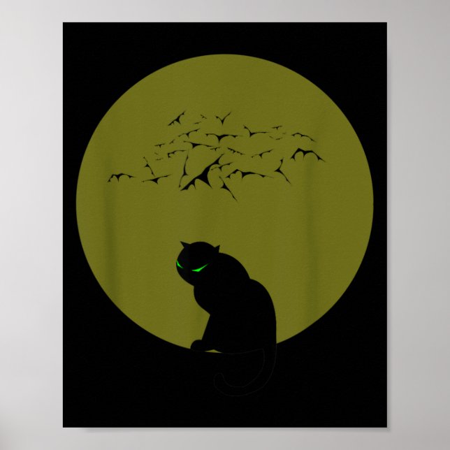 Black Cat Moon Bats Halloween Poster (Front)