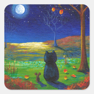 Black Cat Moon Fall Leaves Creationarts Square Sticker