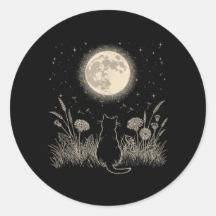 Black Cat Moon Floral Aesthetic Men Women Kitten Classic Round Sticker