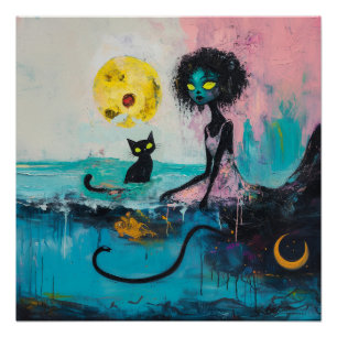 Black Cat Moon Magical Witchy AI Art Matte Value Poster