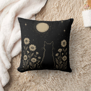 Black Cat Moon Minimalist Wildflower Cushion